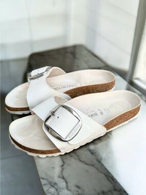 Birkenstock Madrid Big Buckle White Leather Sandals Slides
